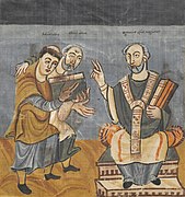 Rábano Mauro y Alcuino de York (protagonistas del renacimiento carolingio) presentan una obra al abad Odgar de Maguncia.
