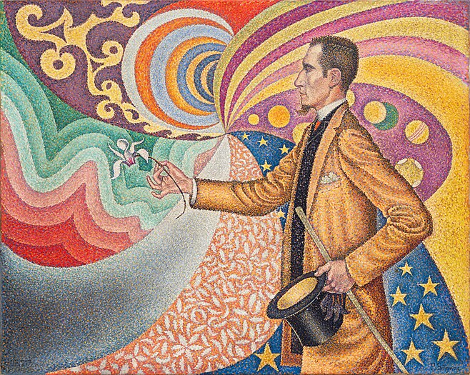 Opus 217. Against the Enamel of a Background Rhythmic with Beats and Angles, Tones, and Tints, Portrait of M. Félix Fénéon in 1890 by Paul Signac - 1890. An example of Neo-Impressionism and Pointillism.