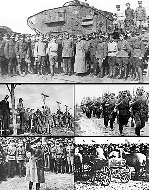 За годинниковою стрілкою зверху: Солдати Донської армії у 1919; піхотна дивізія білогвардійців у березні 1920; солдати 1-ї кінної армії; Лев Троцький у 1918; повішання робітників у Катеринославі Австро-Угорською армією, квітень 1918.