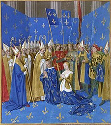 Încoronarea regelui Ludovic al VIII-lea al Franței în 1223 a arătat că albastrul a devenit culoarea regală (pictură din 1450)