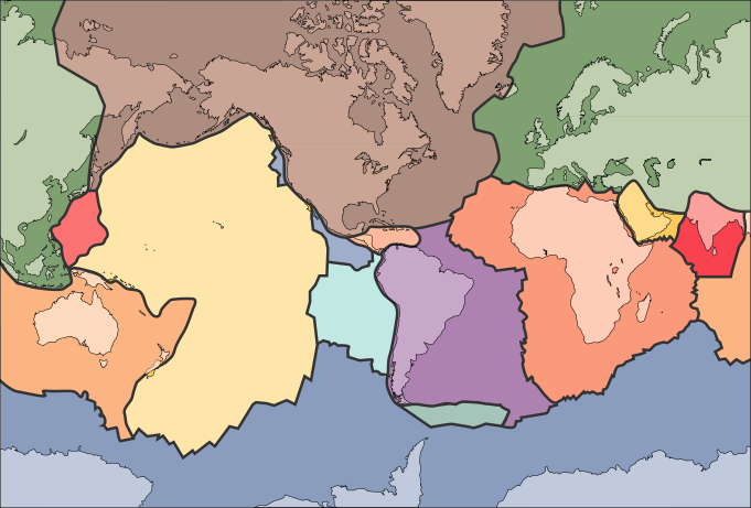 alt=Shows the extent and boundaries of tectonic plates, with superimposed outlines of the continents they support