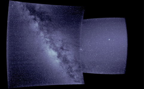 WISPR first light image. The right portion of the image is from WISPR's inner telescope, which is a 40-degree field of view and begins 58.5 degrees from the Sun's center. The left portion is from the outer telescope, which is a 58-degree field of view and ends about 160 degrees from the Sun.[8]