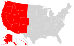 As definições regionais variam de fonte para fonte. Este mapa reflete o oeste dos Estados Unidos conforme definido pelo Census Bureau.