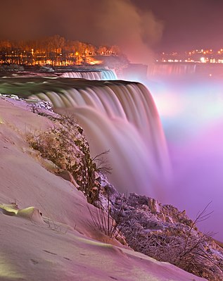Prospect Point night view of the Niagara Falls, in winter.