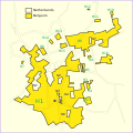 Politické rozdelenie mesta Baarle – sýtožlté časti patria Belgicku, svetložlté Holandsku