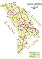 Mappa tat-triq tal-Moldova. L-aħmar jirrappreżenta toroq maġistrali, il-vjola jirrappreżenta toroq repubblikani, u l-isfar jirrappreżenta toroq lokali (Drumurile Republicii Moldova)