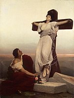 Gabriel von Max's 1866 painting Martyress depicts a crucified young woman and a young man laying flowers at her feet – a scene not corresponding to any of the female martyrs attested in formal Christian hagiography