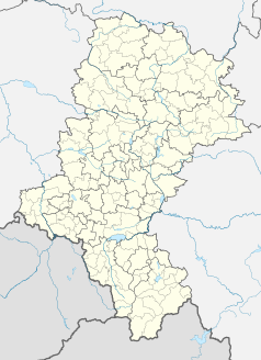 Mapa konturowa województwa śląskiego, na dole nieco na lewo znajduje się punkt z opisem „Wieża Piastowska w Cieszynie”