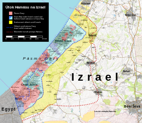 Mapa ukazující Pásmo Gazy (červeně), evakuované území (žlutě) a největší postup palestinských ozbrojenců (červená přerušovaná linie)