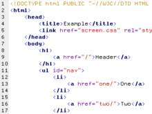 Ett exempel på en bit HTML-kod med indrag, färgmarkerad syntax och radnummer