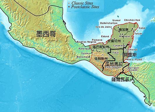 紅色區塊為馬雅文明區域、黑色方塊是馬雅文明聚落名稱。黑色圓點則是當今馬雅人的聚落。從黑色方塊與黑色圓點的分布來看，可以得知馬雅人的生活重心南移，從平原移居山地。