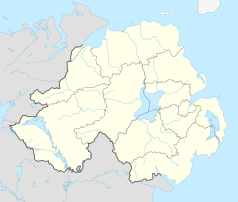 Mapa konturowa Irlandii Północnej, po prawej znajduje się punkt z opisem „Belfast”