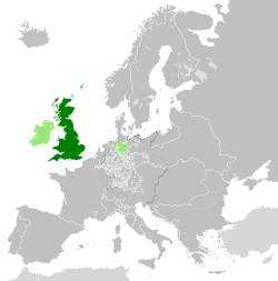 深绿色：大不列颠王国的领土（1789年） 浅绿色：爱尔兰王国、不伦瑞克-吕讷堡选侯国（与大不列颠王国构成共主邦联的国家）