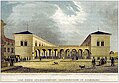 Die Lithografie von 1841 zeigt ein helles Gebäude mit drei Flügeln in U-Form. Ein offener Säulengang grenzt das U zur Straße ab.