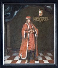 Porträtt av Per Brahe den yngre i helfigur iförd riksrådsdräkt i form av en röd hermelinskantad talar samt hatt. Oljemålning av Johan Werner d.y. 1675. Skoklosters slott.