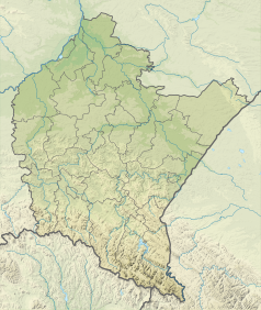 Mapa konturowa województwa podkarpackiego, blisko centrum na lewo znajduje się punkt z opisem „źródło”, natomiast w centrum znajduje się punkt z opisem „ujście”