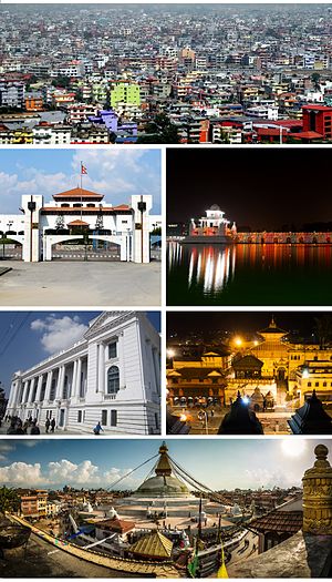शीर्ष सँ क्रमश: काठमाडौँ शहरक एक झलक, संसद भवन (बायाँ), रानी पोखरी (दायाँ), काठमाडौँ दरवार क्षेत्र (बायाँ), पशुपतिनाथ मन्दिर (दायाँ), बौद्धनाथ स्तुप (दायाँ)