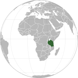Зүүн Африк дахь Танзанийн байршил (хар ногоон)