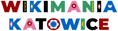 Schriftzug Wikimania Katowice, die Buchstaben sind verschiedenfarbig gestaltet, der Hintergrund ist transparent