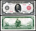 1914-es szériájú Federal Reserve Note 50 dolláros bankjegy ritkább, piros kincstári címerrel és sorozatszámokkal.