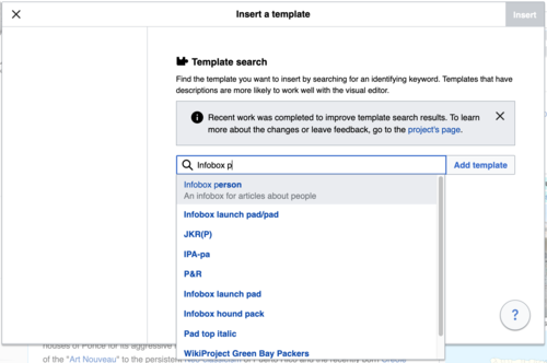 Cuplikan layar bidang pencarian templat di Editor Visual