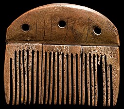 Hornkamm från danska Vimose(da) (ca 160 e.Kr.), från vänster ristad med runinskriften ᚺᚨᚱᛃᚨ (Harja, möjligen "hårje/hårförare").