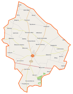 Mapa konturowa gminy Osięciny, w centrum znajduje się punkt z opisem „Osięciny”