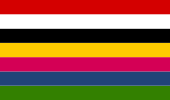 The rainbow flag of Kangleipak with 7 horizontal colored stripes, with red at the top and green at the bottom. The 7 colours symbolises the colours of Salai Taret in Manipur.