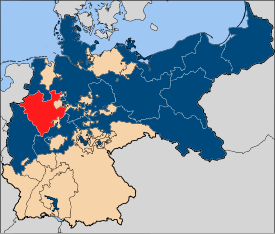 Rot: Lage der Provinz Westfalen in Preußen (blau)