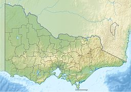 A map of Victoria, Australia with a mark indicating the location of Gippsland Lakes