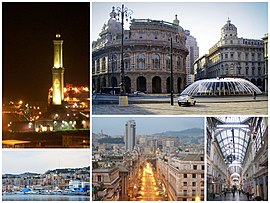 Theo chiều kim đồng hồ từ trên cùng bên trái: Hải đăng Genoa, Quảng trường Piazza De Ferrari, Phòng triển lãm Mazzini, phố Brigata Liguria, cảnh nhìn ra San Teodoro từ Cảng Genoa