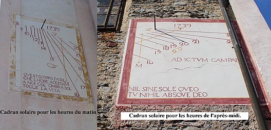 Les deux cadrans solaires de l'église de Gignese (Italie) : l'un, orienté sud-sud-est, indique les heures du matin, le second situé sur le mur perpendiculaire, orienté sud-est-est, indique les heures de l'après-midi.