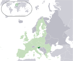 Location of  Slovenia  (dark green) – on the European continent  (light green & dark grey) – in the European Union  (light green)  —  [Legend]
