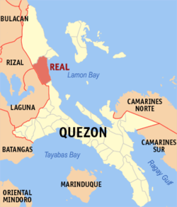 Mapa ng Quezon na nagpapakita sa lokasyon ng Real.