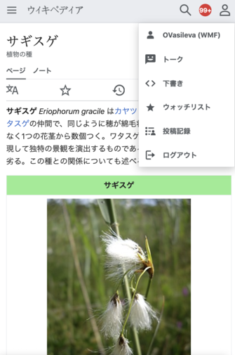 Screenshot of the Advanced mobile contributions user menu in Japanese Wikipedia