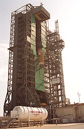 Centaur IIA, to be used to launch TDRS-I, is lifted for integration.
