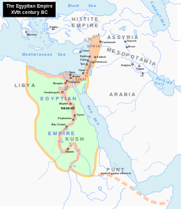 Новое царство в период максимального могущества в XV веке до н. э.: его власть также распространяется на Нубию, Ливию, Палестину и Сирию.