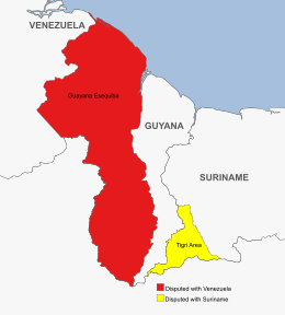Grensgeschillen van Guyana met Venezuela (Rood) en Suriname (Geel)