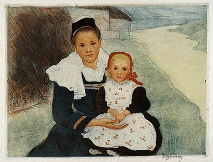 Jeune fille et enfant de Rosporden, dour-kreñv, 1900-1910