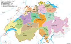 The Helvetic Republic, with borders according to the first Helvetic constitution of 12 April 1798. Modern Swiss borders are outlined in orange.