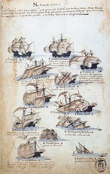 Sketsa tinta dan pena yang menggambarkan berbagai kapal layar, beberapa di antaranya dalam sedang dalam proses tenggelam