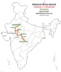 (Jaipur–Nagpur) Express route map