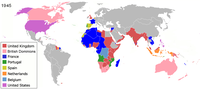 Peta kolonisasi dunia tahun 1945. Dengan berakhirnya perang, perang pembebasan bangsa tercipta, berakhir dengan pembentukan Israel dan dekolonisasi Asia dan Afrika.