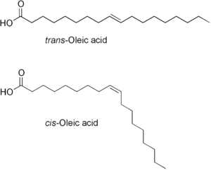 Comparison of the trans isomer (top) Elaidic acid and the cis-isomer oleic acid