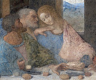 Leonard de Vinci, La Cène (détail) : « Judas tenant la bourse des 30 deniers », église Santa Maria delle Grazie à Milan (vers 1497)
