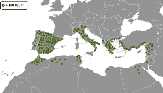 Producción de aceitunas por país en la Cuenca del Mediterráneo. Cada círculo representa 100 000 toneladas.