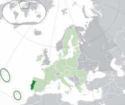 Kinaroroonan ng  Portugal  (madilim na luntian) – sa lupalop ng Europa  (luntian & madilim na kulay abo) – sa Unyong Europeo  (luntian)