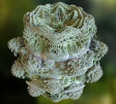Mandelbulb image rendered with volumetric rendering and global illumination algorithms in the Corona ray tracer.