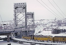 The Copper Country Limited crossing the Portage Lake Lift Bridge in 1967