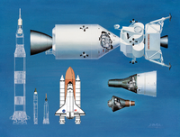 Comparação da nave Apollo com as naves Mercury e Gemini (a esquerda) e com seus respectivos veículos lançadores e um ônibus espacial (a esquerda).